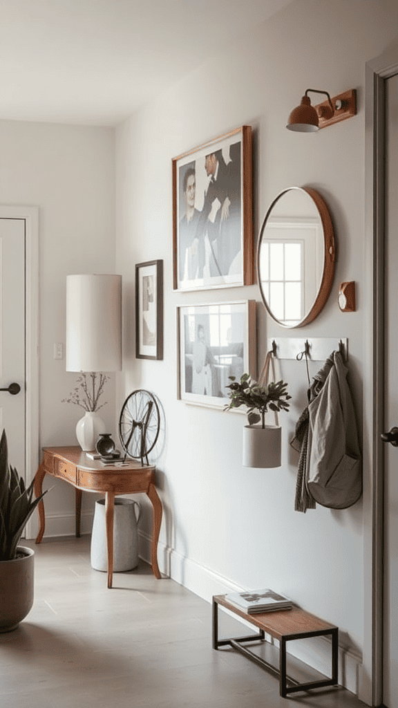 A well-designed entryway showcasing a mix of framed art, a stylish table, a plant, and functional decor elements.