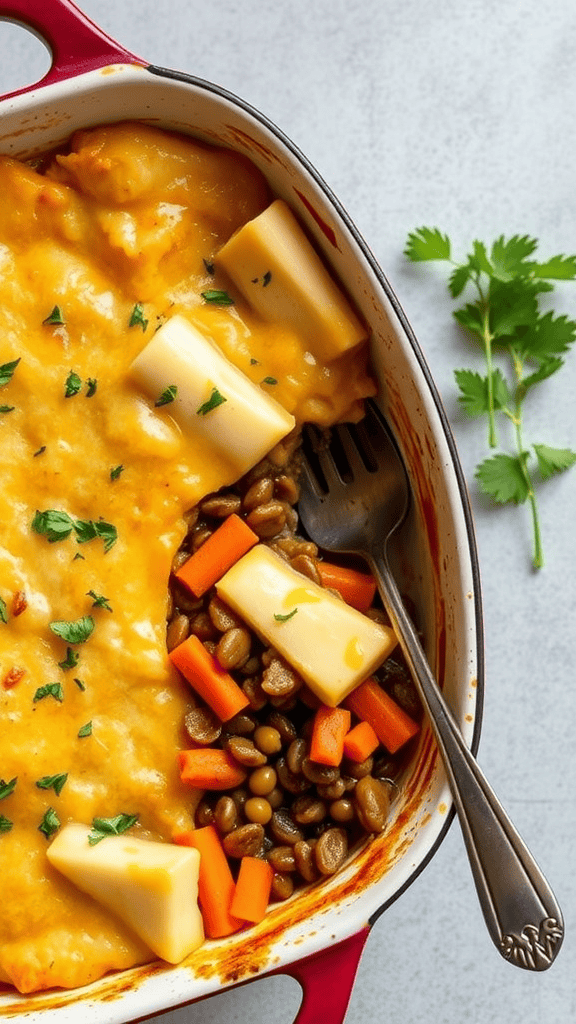 A serving of lentil and sweet potato shepherd's pie, showing layers of lentils, carrots, and sweet potato mash, garnished with herbs.