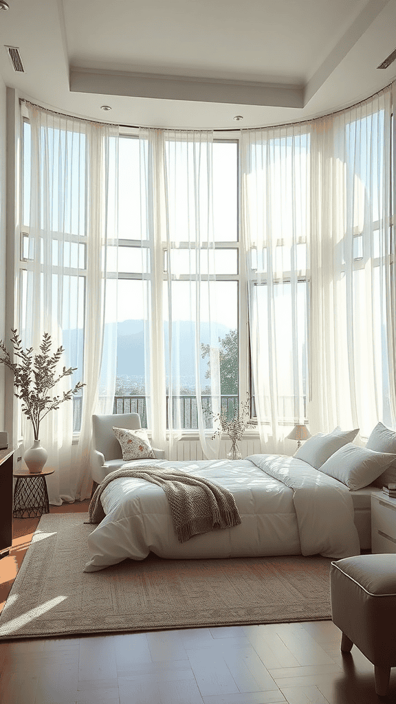 Bright bedroom with large windows and sheer curtains, enhancing natural light