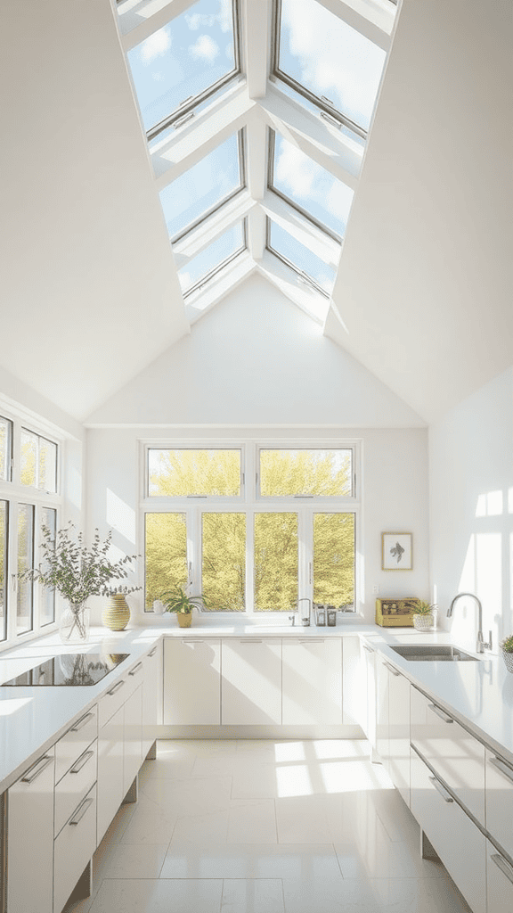 A bright, modern kitchen with large windows and skylights allowing natural light to flood the space.