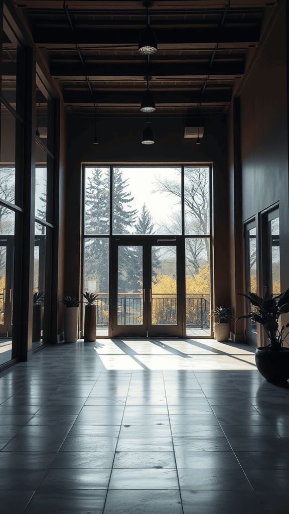 Bright and spacious home entrance with large windows and plants