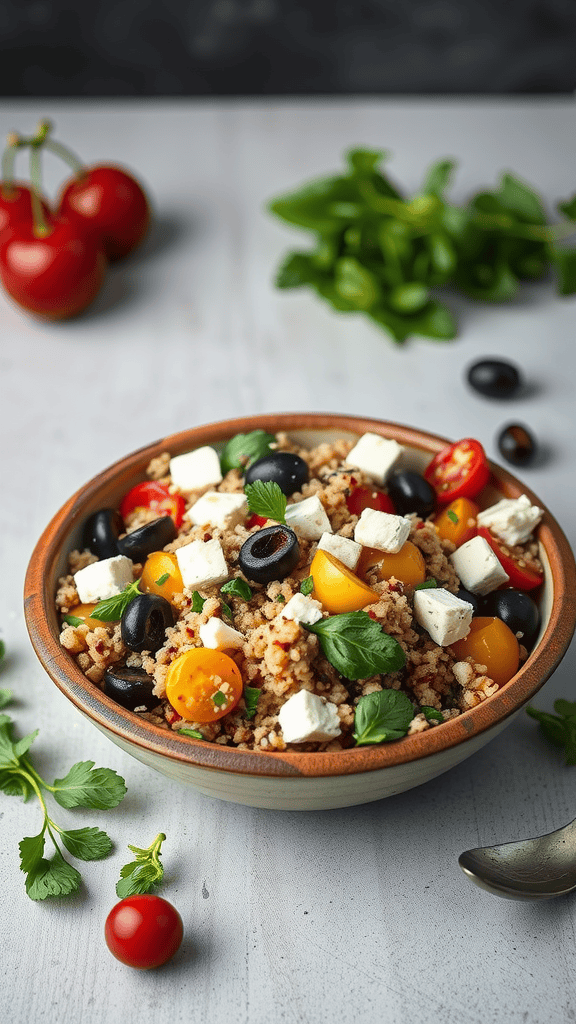 A bowl of Mediterranean quinoa salad with cherry tomatoes, black olives, feta cheese, and fresh herbs.