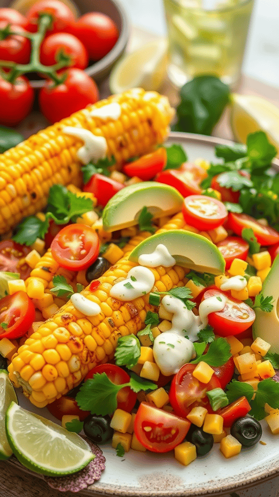 A vibrant Mexican grilled corn salad with grilled corn, cherry tomatoes, avocado, and lime