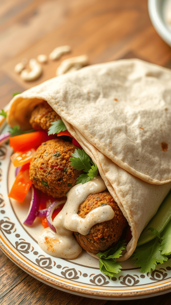 Falafel wrap with vegetables and tahini sauce on a plate