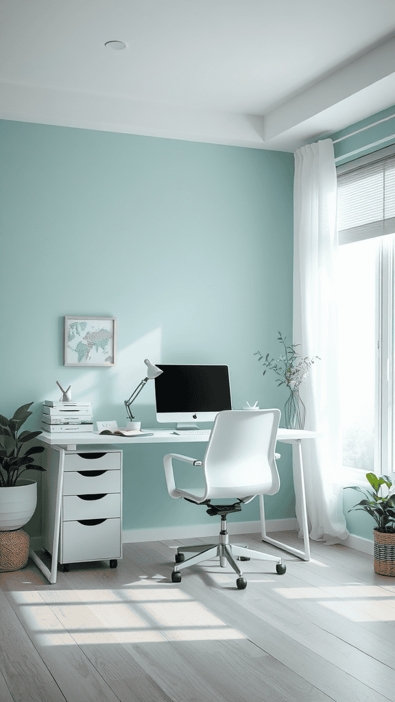 A serene home office with light blue walls, white furniture, and plants for a calming atmosphere.