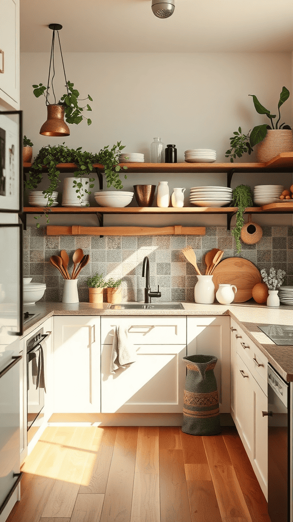 A bright and cozy kitchen with wooden shelves, white dishes, and hanging plants.