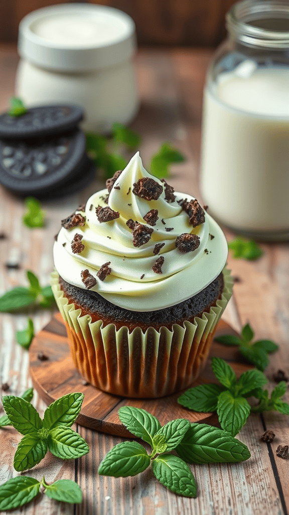 Mint Cookies & Cream cupcake topped with frosting and cookie crumbs