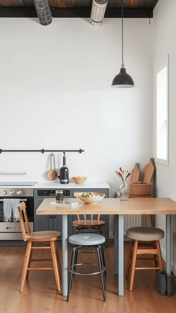 A modern kitchen with a multifunctional table surrounded by various chairs