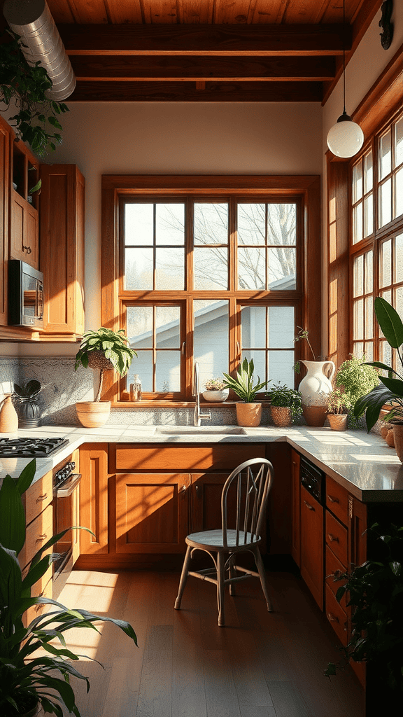 Cozy kitchen with wooden cabinets, large windows, and potted plants.