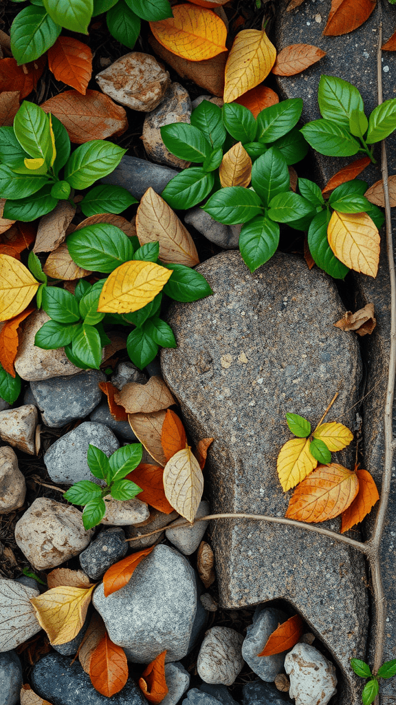 An image showcasing vibrant green leaves, autumn-colored leaves, and smooth stones, creating a natural texture.