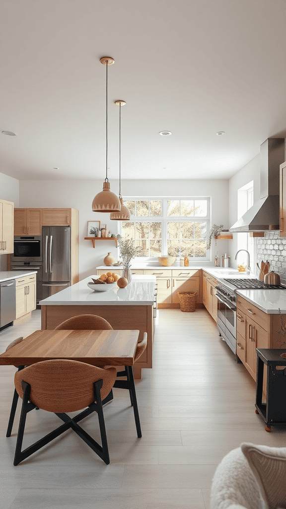 A modern kitchen with an open layout, featuring wooden cabinetry, stainless steel appliances, and a large island with pendant lights, illuminated by natural light from large windows.