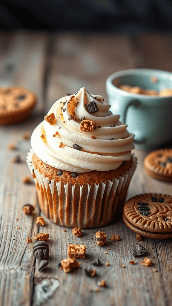 Delicious peanut butter cookies and cream cupcake topped with creamy frosting and cookie crumbs.