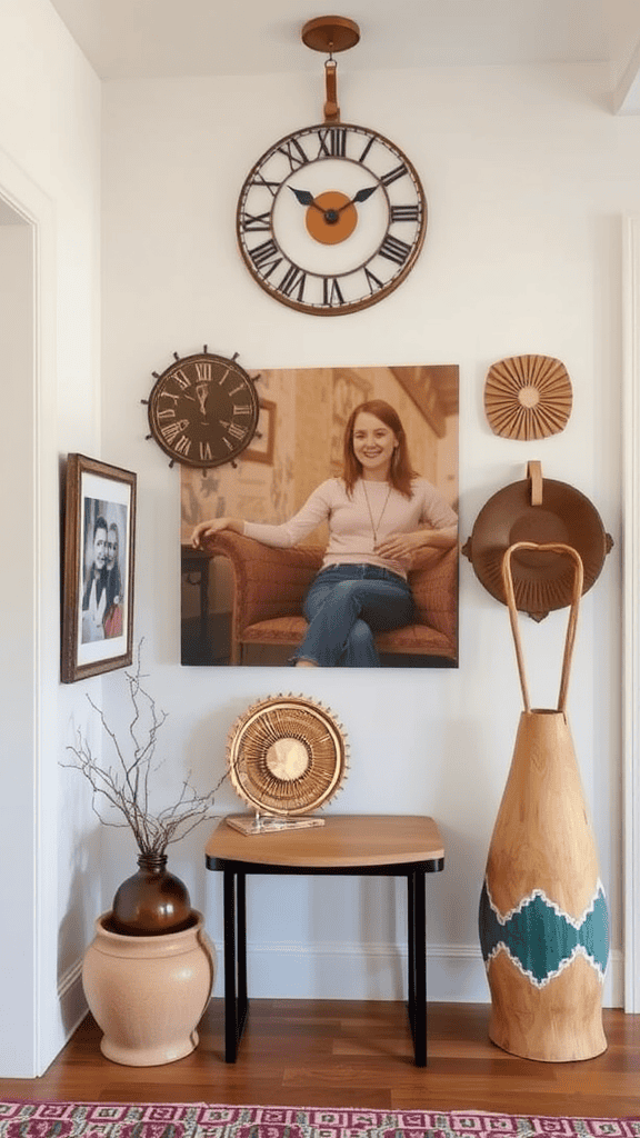 A cozy home entrance featuring framed photos, decorative hats, and a rug, creating a warm atmosphere.