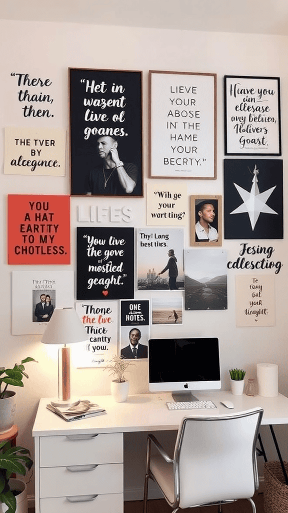 A colorful personalized inspirational wall featuring quotes, photographs, and artwork in a home office setting.