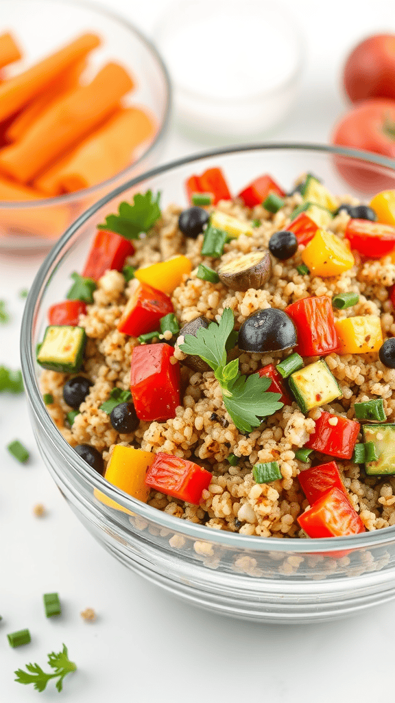 A bowl of quinoa salad with colorful roasted vegetables and herbs.