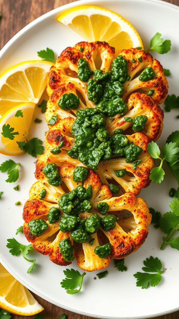 Roasted cauliflower steaks topped with chimichurri sauce, served with lemon slices