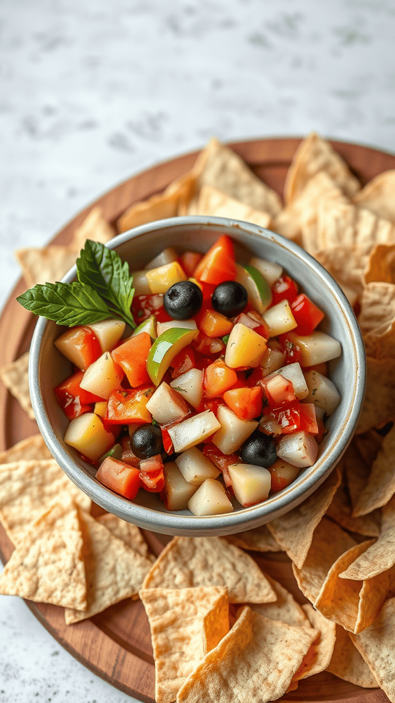 A bowl of fruit salsa with tomatoes, apples, and blueberries surrounded by tortilla chips on a wooden platter.