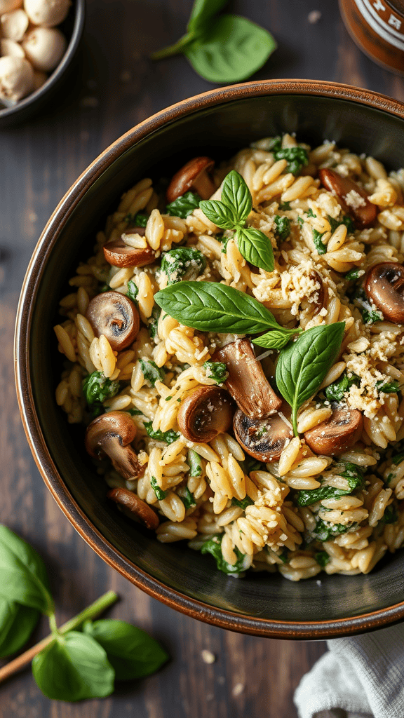 A bowl of vegan mushroom and spinach risotto garnished with fresh basil.