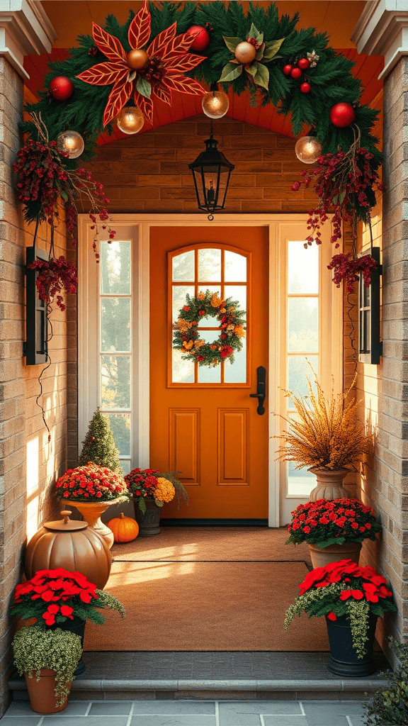 A beautifully decorated home entrance with a bright orange door, a floral wreath, and vibrant flower pots for fall.