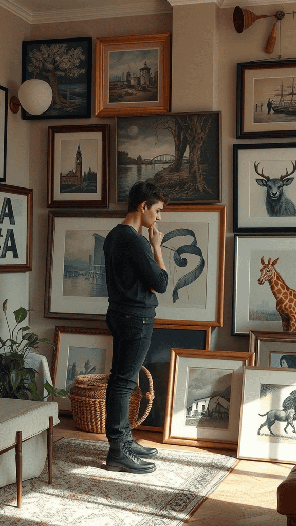 A young man thoughtfully observing a wall filled with diverse framed art pieces in a cozy room.