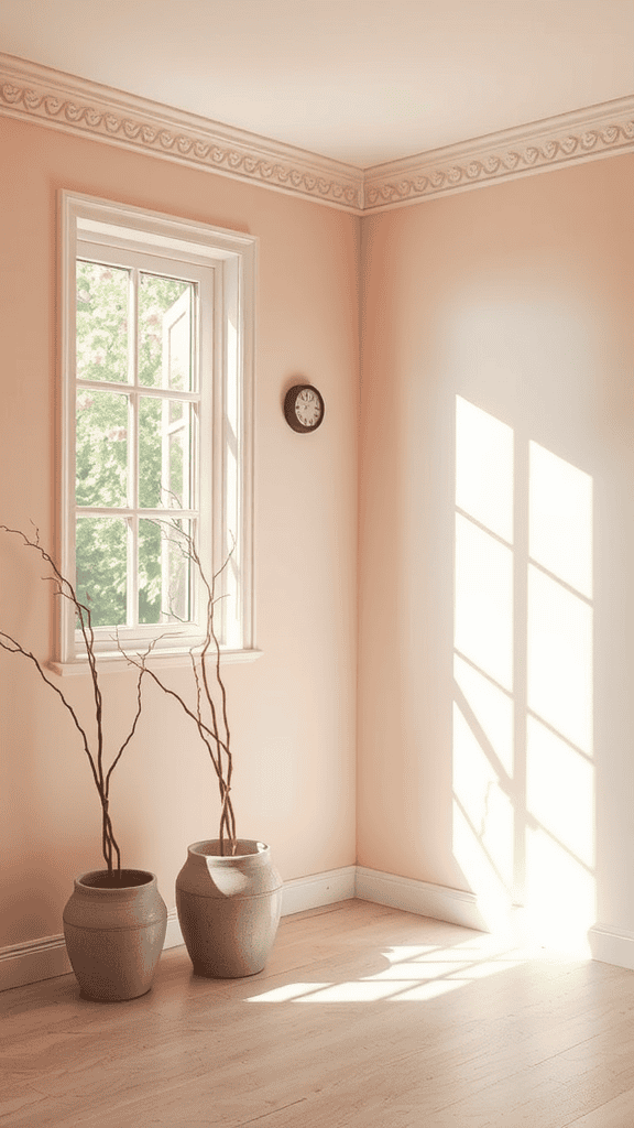 A serene corner with peach walls, a window, and two pots in a calming space.