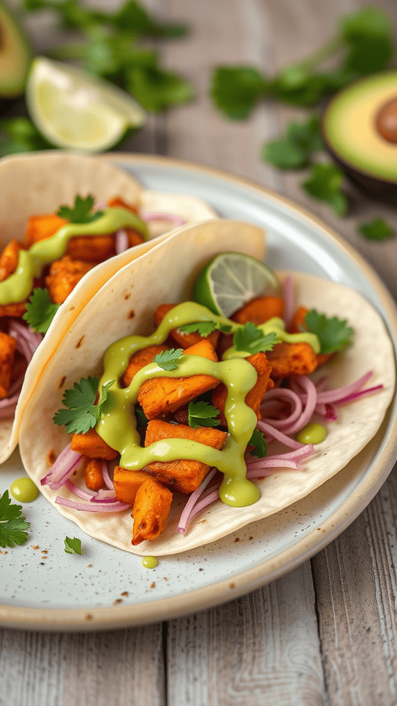 Spicy jackfruit tacos with avocado lime sauce, garnished with cilantro and red onions on a plate.