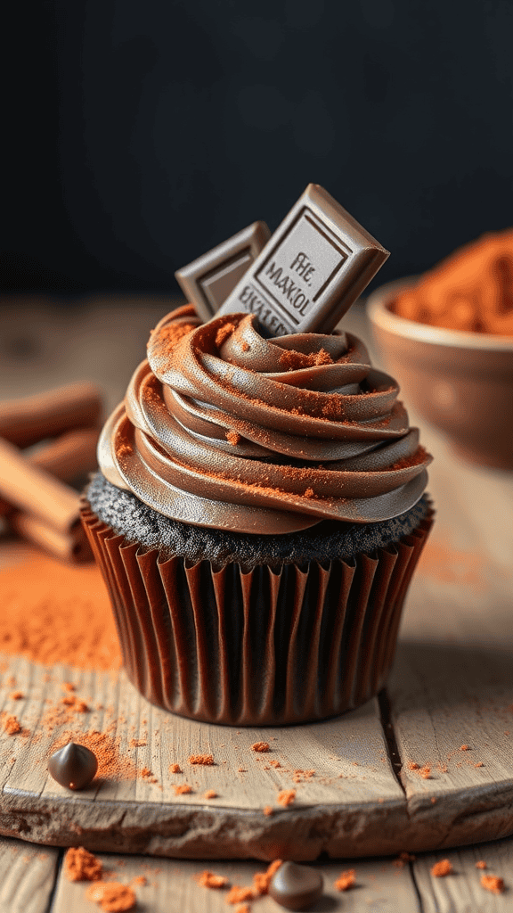 Delicious spicy Mexican chocolate cupcake topped with chocolate frosting, dusted with cocoa powder.