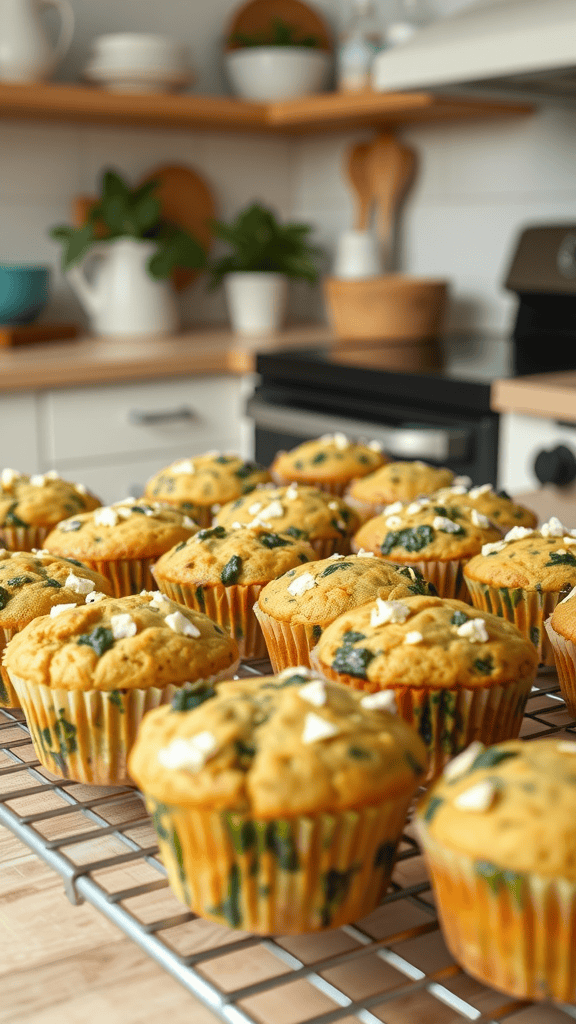 A batch of freshly baked Spinach and Feta Breakfast Muffins cooling on a wire rack.