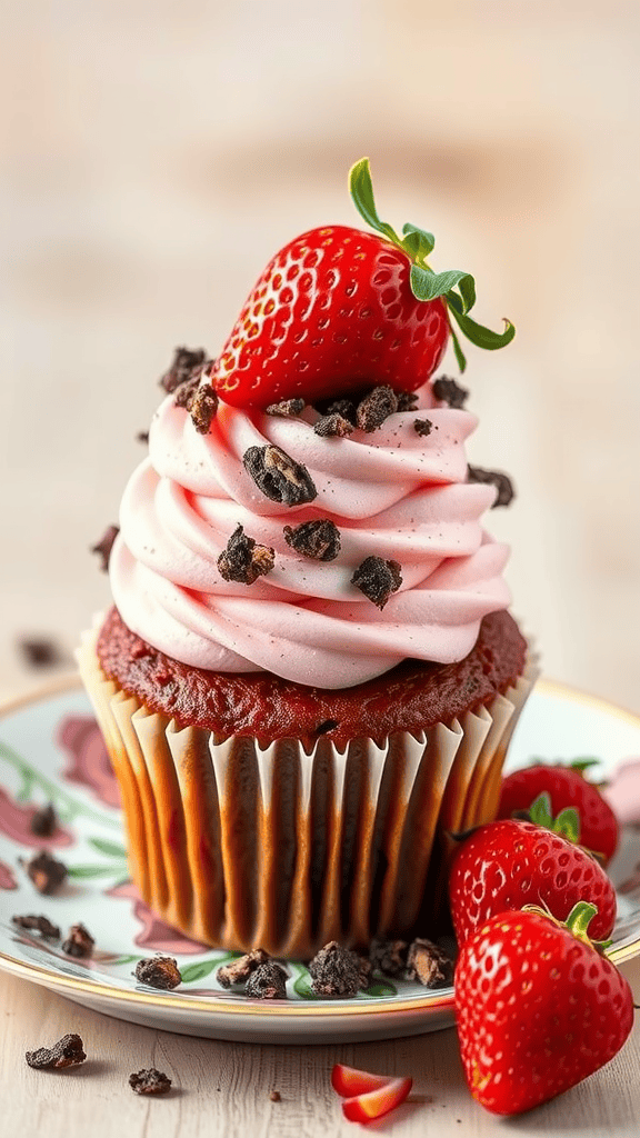 Delicious strawberry cookies and cream cupcake topped with a fresh strawberry