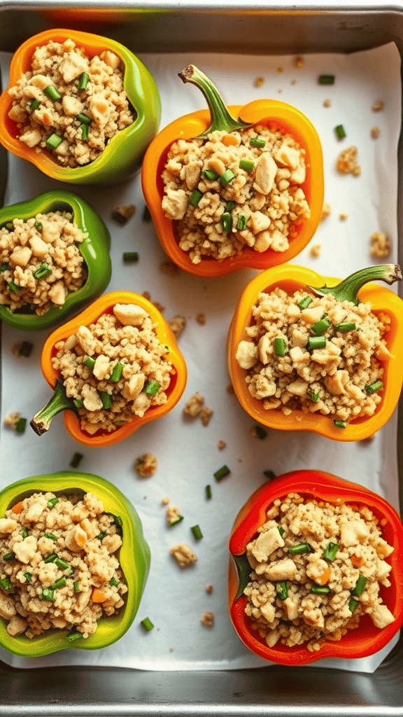 Colorful stuffed bell peppers filled with quinoa and turkey, arranged in a baking tray.