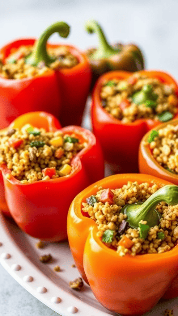 Stuffed bell peppers filled with quinoa and colorful veggies on a white plate.