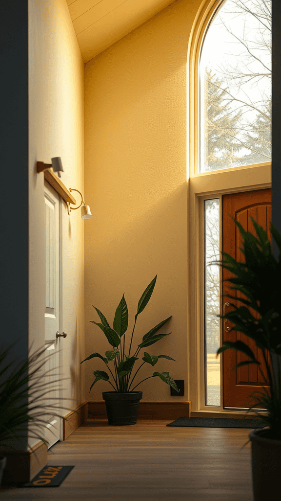 A bright and welcoming home entrance featuring large windows, natural light, a wall-mounted light fixture, and potted plants.