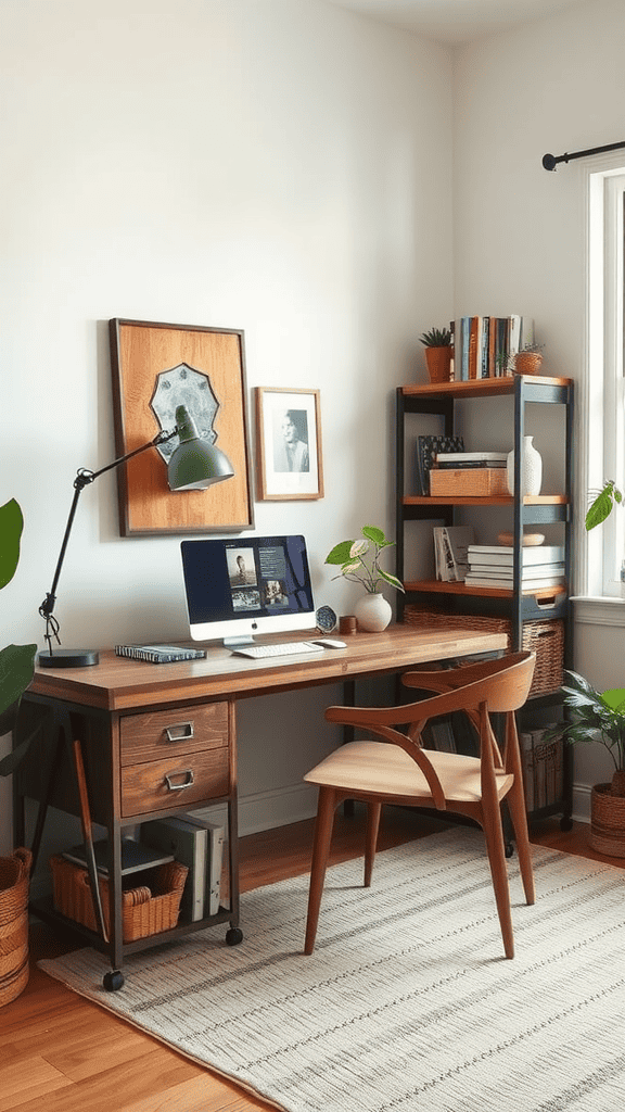 A cozy home office featuring a wooden desk, computer, plants, and a ceiling fan, with motivational quote on the wall.