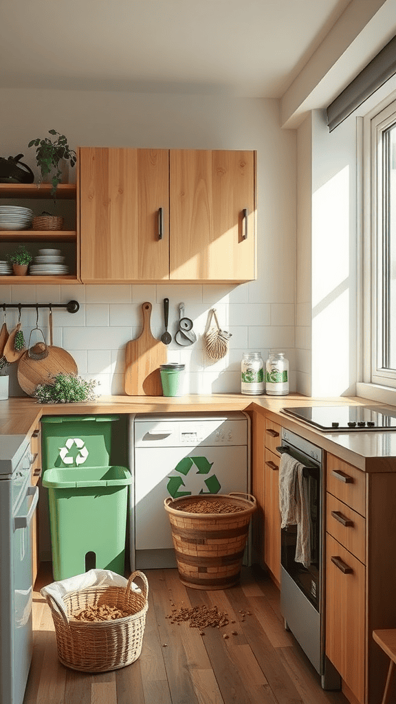 A bright and inviting kitchen with wooden cabinets, recycling bins, a compost basket, and natural light.