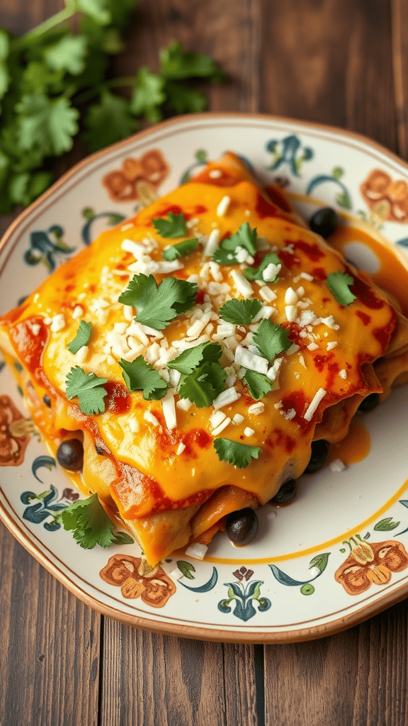 A plate of sweet potato and black bean enchiladas topped with cheese and cilantro.