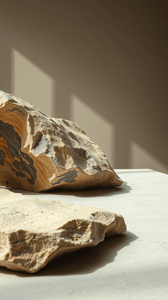 Two textured stones on a smooth surface with light casting shadows