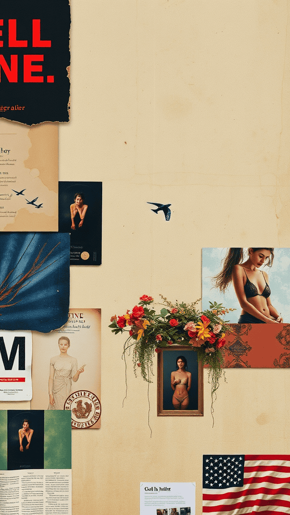 A textured collage featuring various images, a floral arrangement, and a flag, all creating a visually engaging composition.