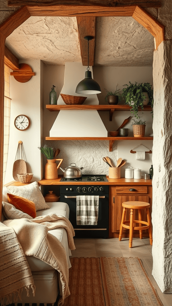 Cozy kitchen with wooden shelves, plants, and a comfortable couch