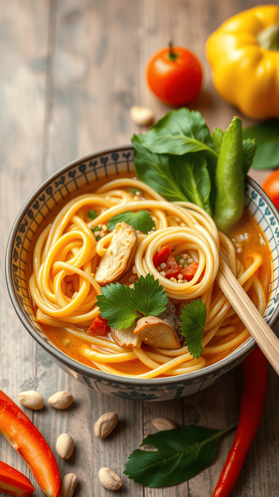 A colorful Thai peanut noodle bowl with vegetables and chopsticks