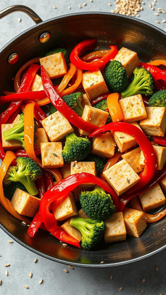 A vibrant Thai veggie stir-fry in a pan, featuring colorful bell peppers, broccoli, and tofu.