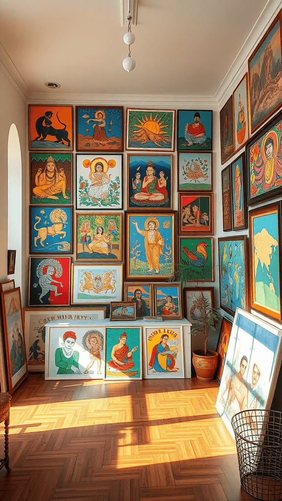 A vibrant collection of cultural art displayed on walls, showcasing various themes and colors.