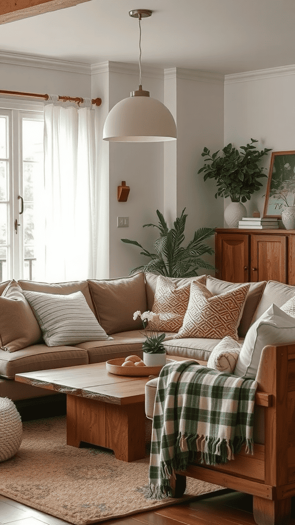 Cozy living room with a sofa, wooden coffee table, and plants, showcasing various textures.