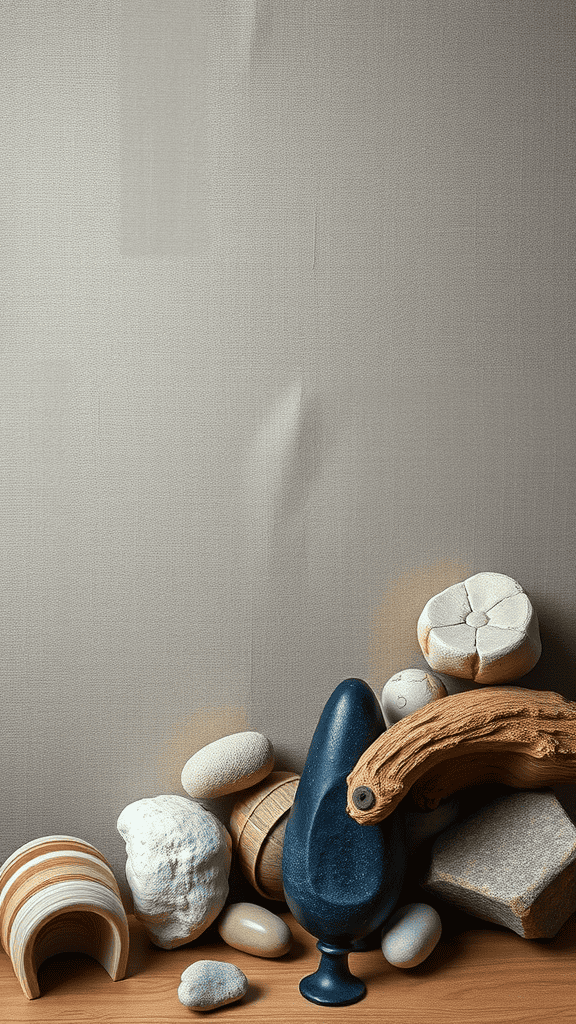 A collection of textured objects including smooth stones and a piece of driftwood against a soft fabric background.