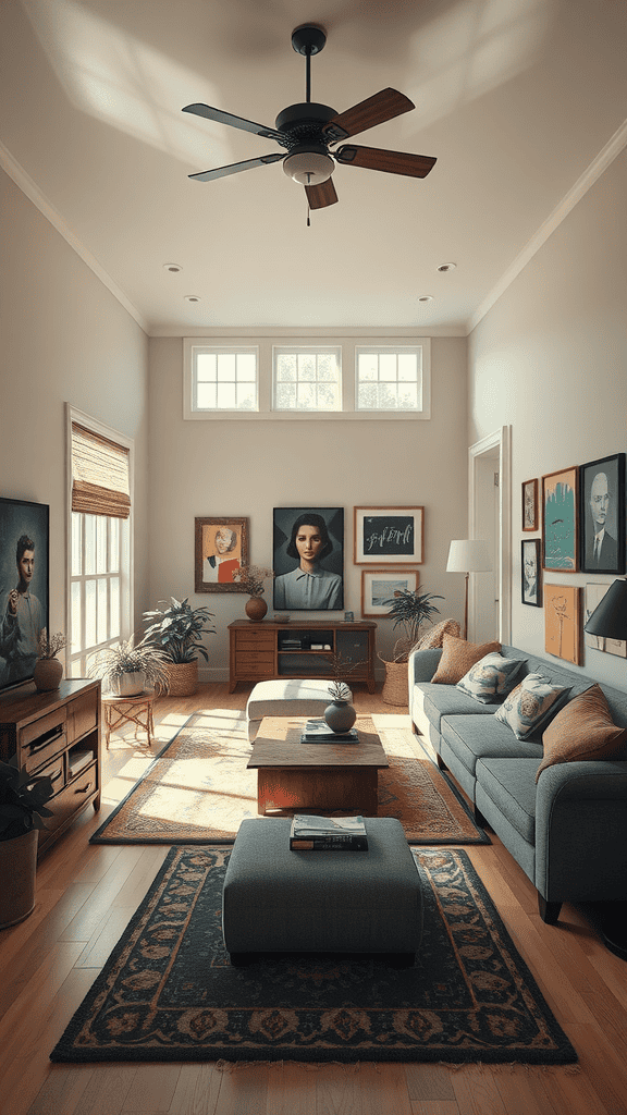 A cozy living room with various art pieces on the walls, plants, and comfortable furniture, showcasing a warm and inviting atmosphere.