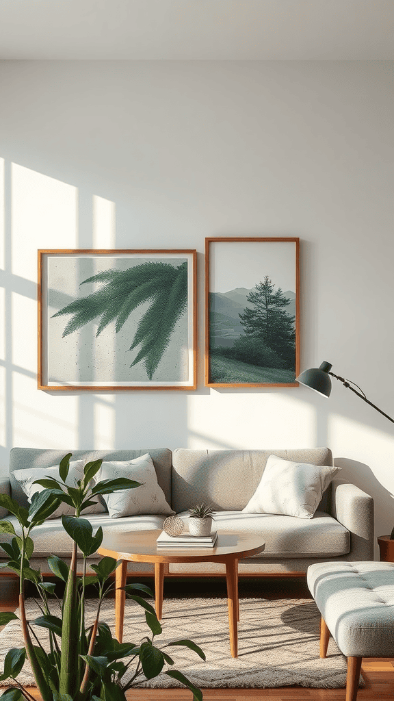 A cozy living room with nature-inspired art featuring green leaves and mountains, complemented by plants.