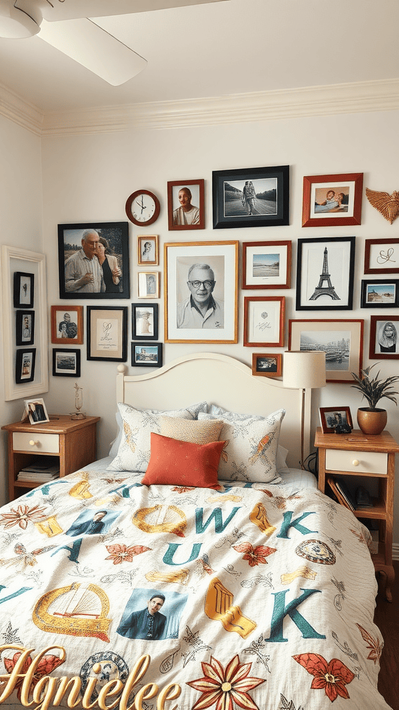 A cozy bedroom with a gallery wall of framed photos and a colorful quilt on the bed.