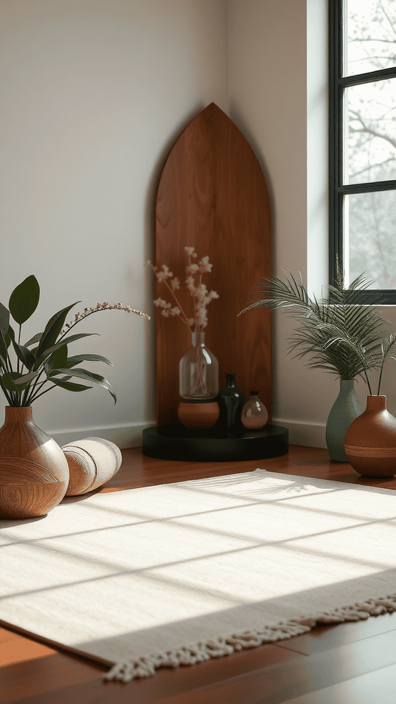 A serene meditation space with plants, natural light, and a cozy rug.