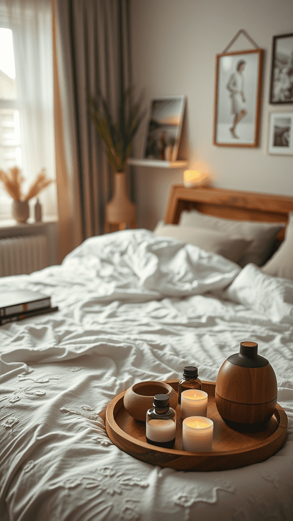 A cozy bedroom with a tray of candles and essential oils on a bed.