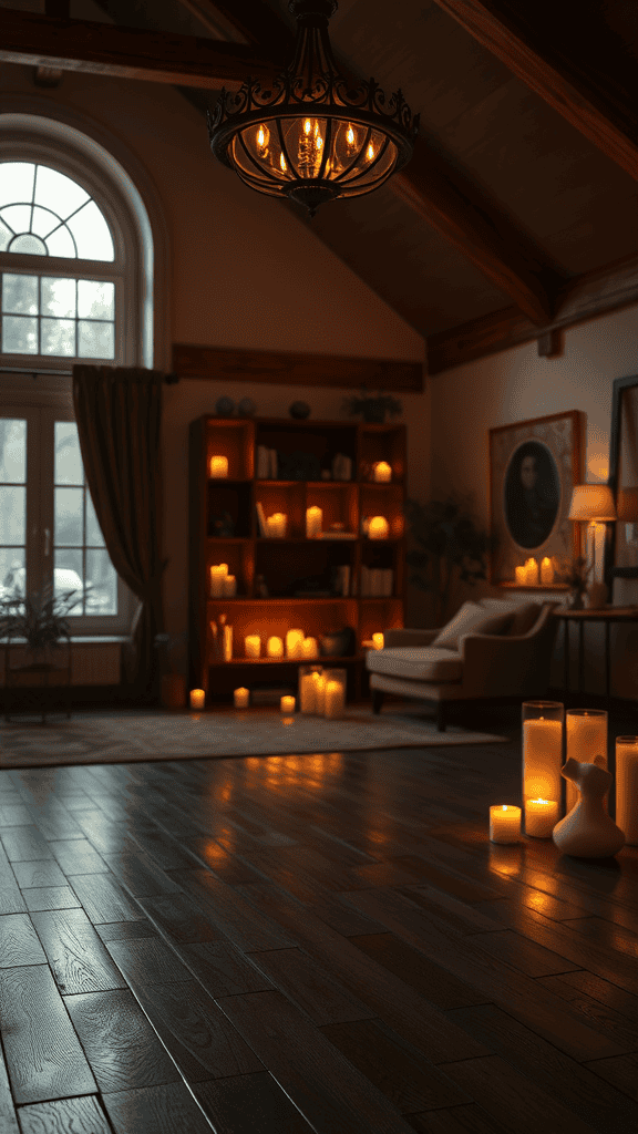 A cozy room with soft lighting created by candles and a chandelier, perfect for meditation and reflection.