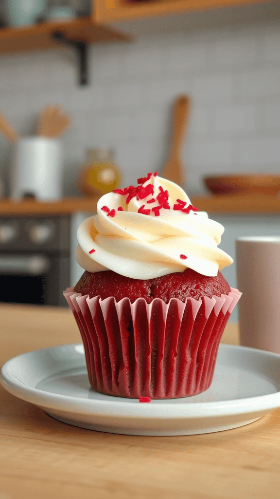 Delicious red velvet cupcake with cream cheese frosting and sprinkles on a plate.